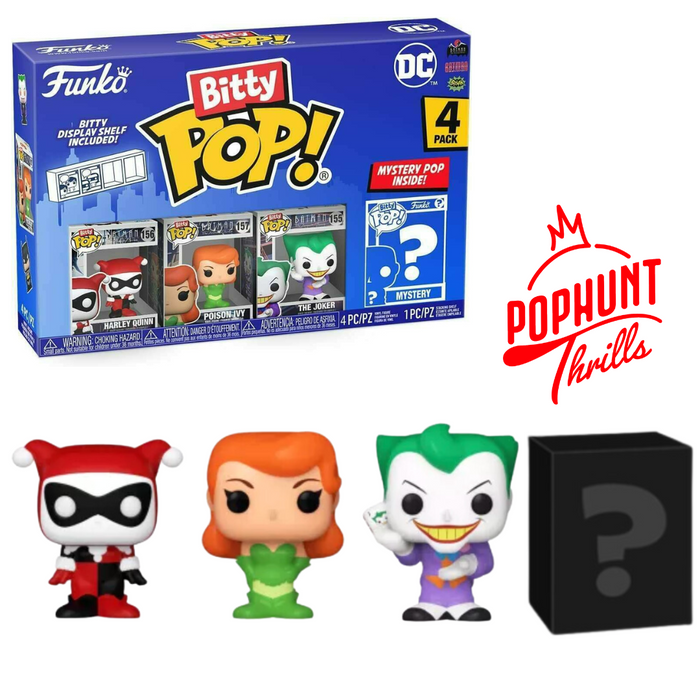 Harley Quinn, Poison Ivy, The Joker, Mystery (4-Pack) Series 3 Black Light  Funko Pop! Bitty Dc
