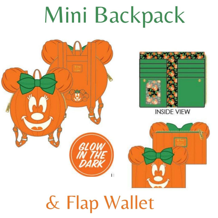 Loungefly Disney Glow Face Minnie Pumpkin Mini Backpack And Wallet Bundle